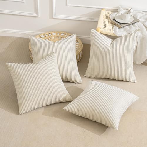 Soft Corduroy Decorative Throw Pillow Covers Cream White 18x18 (18" x 18" (Pack of 4) / Cream White)
