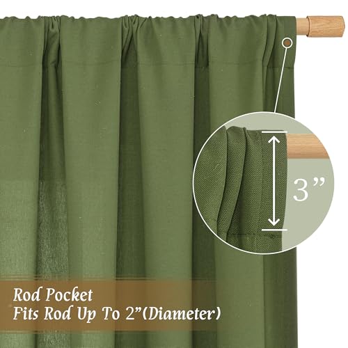 Light Filtering Linen Curtains 63 inches Long for Bedroom 2 Panels (Olive Green-1 / 52"W x 63"L (Pack of 2))