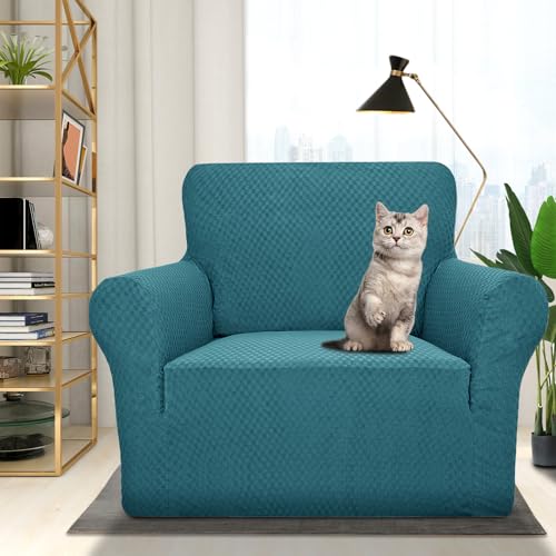 1 Piece Jacquard Chair Slipcovers for Living Room High Stretch Chair Covers with Arms Anti Slip Pets Friendly Couch Sofa Armchair Cover Furniture Protector (Small (31"-46") / Peacock Blue)
