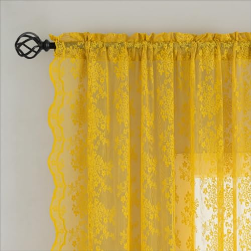 Vintage Lace Curtains 84 Inches Long (Mustard Yellow / 52"W x 84"L (Pack of 2))