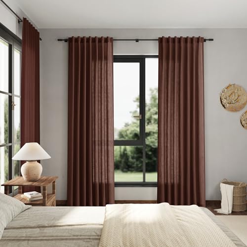 Rustic Brown Linen Curtains 90 Inch Long 2 Panels Set for Bedroom Living Room Linen Textured Window Drapes Semi Sheer Light Filtering Rod Pocket Back Tab Cotton Textured Farmhouse Curtain 52x90 (52"W x 90"L (Pack of 2) / Rustic Brown)