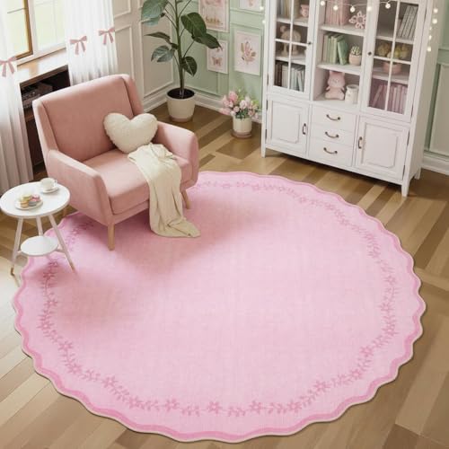 Large Round Rug 8ft Scalloped Washable Circle Living Room Rug (Pink / 8' (Round))