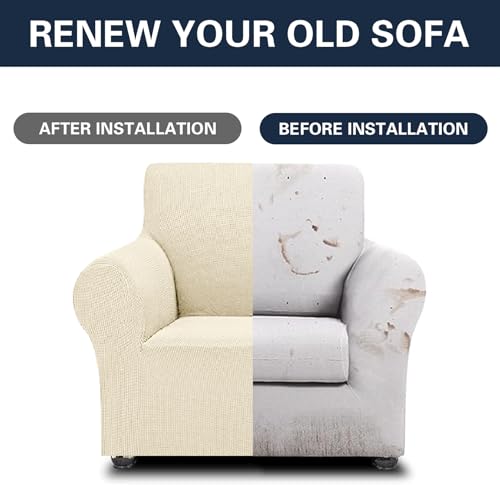 2026 New Stretch Chair Sofa Slipcovers Couch Cover for 1 Seater Furniture Protector Sofa Covers with Elastic Bottom Jacquard Fabric Small Checks for Pets (Beige / Chair)