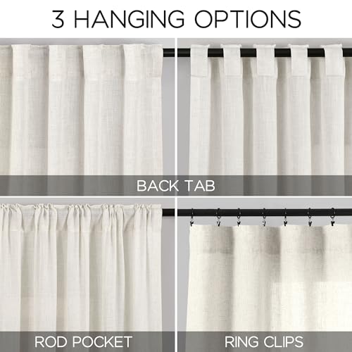 Cream Linen Back Tab Curtains 86 Inch Length for Living Room 2 Panel Set Farmhouse Window Semi Sheer Linen Drapes Rustic Pinch Curtain for Bedroom 52X86 (52"W x 86"L (Pack of 2) / Natural)