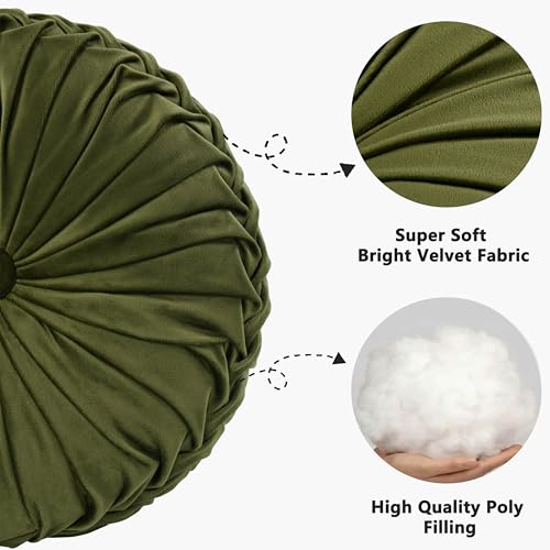 Set of 2 Olive Velvet Decorative Round Pleated Throw Pillows (Olive)