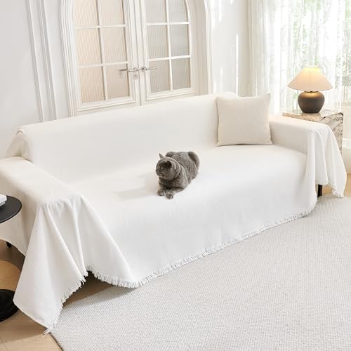 Sofa Covers for 2 Cushion Couch L Shaped Couch Cover Washable Couch Cover with Tassels Boho Couch Covers Non Slip Super Universal Soft Sofa Slipcover for Kids (71" x 118" / White)