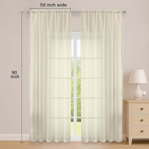 Cream Sheer Curtains 90 Inch Long 2 Panels for Living Room 59" Wide (Cream / 59"W x 90"L (Pack of 2))