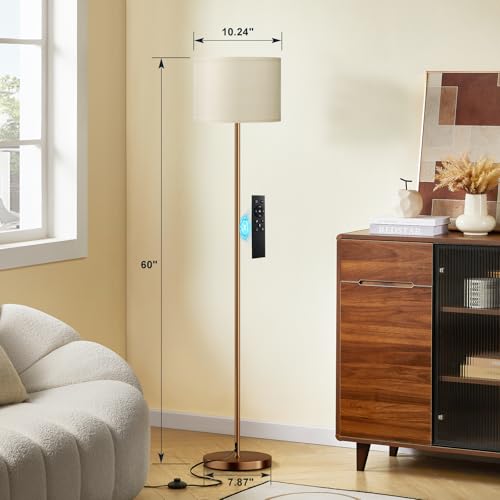 Floor Lamps for Living Room with Remote Control and Stepless Dimmable Colors Temperature & Brightness (Beige Shade Brown Pole Remote / 60 Inches (With Bulb))