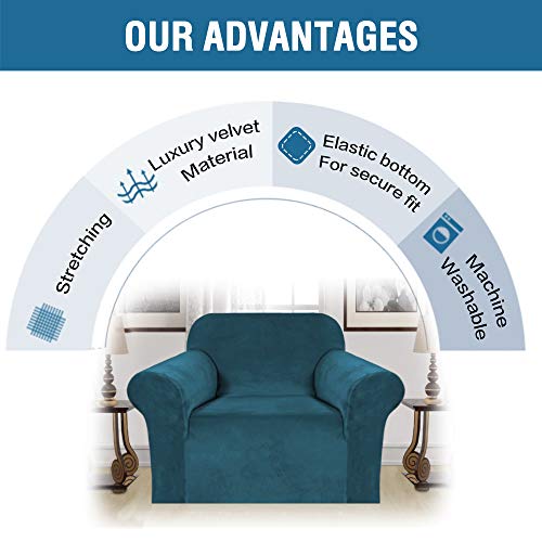 Stretch Velvet Armchair Cover Couch Covers 1 Cushion Chair Slipcover for Living Room Furniture Cover Crafted from Thick Comfy Rich Velour (Deep Teal / Armchair)