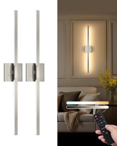 Nickel Battery Operated Wall Sconce with Remote Control 32 Inch (Sand Nickel / 32 Inch(2 Pack))