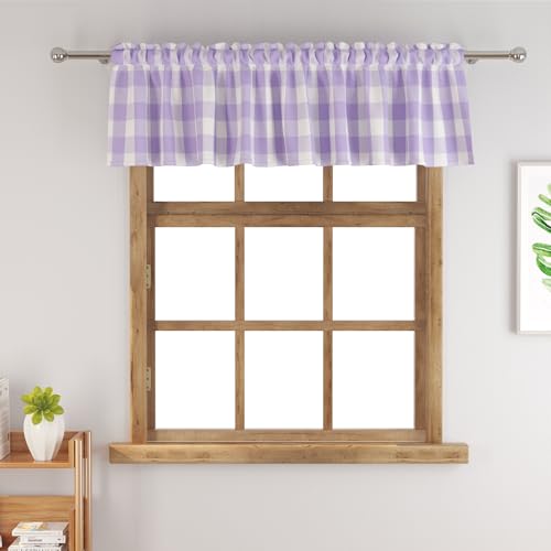 Buffalo Check Plaid Valances Gingham 1 Pack Tiers Rod Pocket Lightpurple and white Farmhouse Short Curtains For Windows Treatment Decor Small Curtains Over Sink For Kitchen (54"W x 16"L (Pack of 1) / Lightpurple and White)