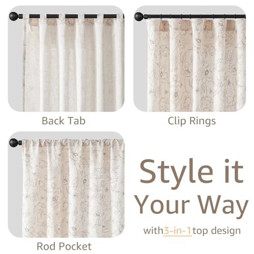 Linen Floral Curtains for Living Room 84 Inch Length Taupe Flower Curtain Rod Pocket Back Tab Farmhouse Curtains with Printed Floral Bedroom Window Curtain Set (Penny Taupe on Ecru / 50"W x 84"L (Pack of 2))