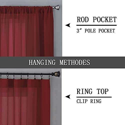 Sheer Curtains Linen Textured Bedroom Curtain Sheers Light Filtering Rod Pocket Voile Curtains for Living Room (54"W x 63"L (Pack of 2) / Burgundy Red)
