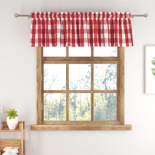 Buffalo Check Plaid Valances Gingham 1 Pack Tiers Rod Pocket Red and White Farmhouse Short Curtains For Windows Treatment Decor Small Curtains Over Sink For Kitchen (54"W x 10"L (Pack of 1) / Red and White)