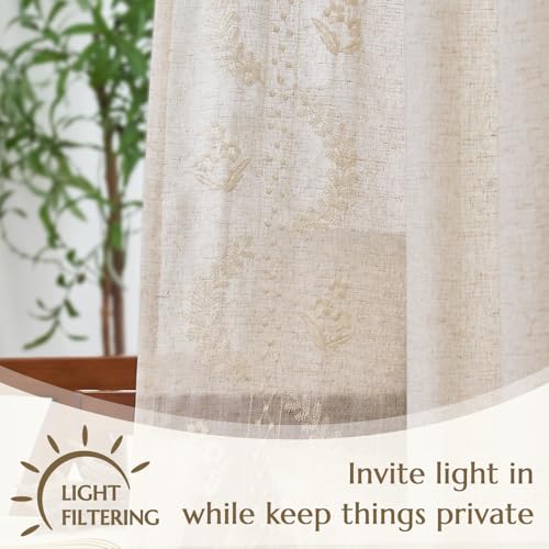 Floral Linen Curtains 96 Inch Farmhouse Back Tab 2 Panels (Ivory / 50"W x 96"L (Pack of 2))