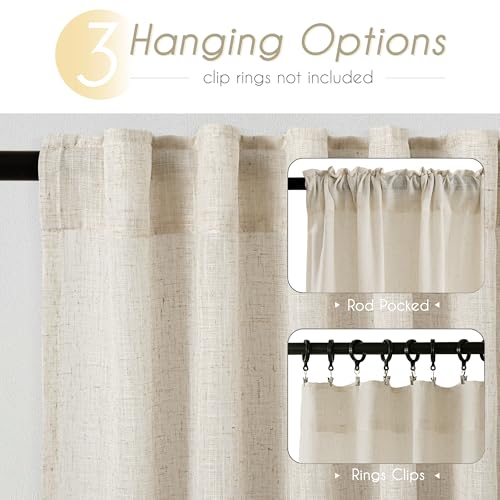 Faux Linen Beige Curtains 132 inches Long for Living Room Rustic Farmhouse Linen Drapes Semi Sheer Burlap Textured Canvas Cloth Curtain Panels Set of 2 Kahki Tan Colored (Linen / 52"W x 132"L (Pack of 2))
