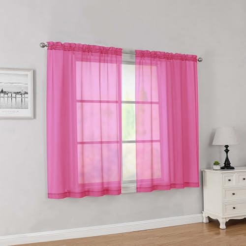 Hot Pink Short Sheer Curtains 45 Inch Length for Small Windows (Hot Pink / 42"W x 45"L (Pack of 2))