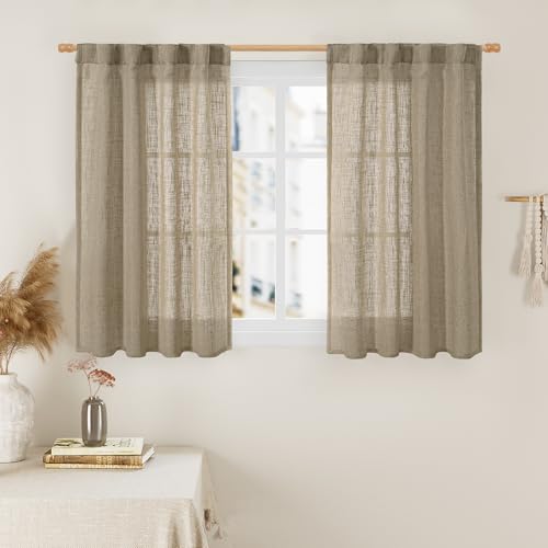 40 Inch Length Linen Curtains for Small Windows Over Silk 2 Panels (Taupe / 34"W x 40"L (Pack of 2))
