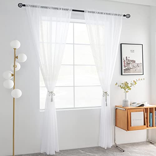 Solid Sheer Rod Pocket Curtain Voile Draperies 2 Panels White Beige Black Grey Coffee 52 Inch Width 36 Inch Long 1 Pair for Kitchen Bedroom Children Living Room Yard (White / 52"W x 36"L (Pack of 2))