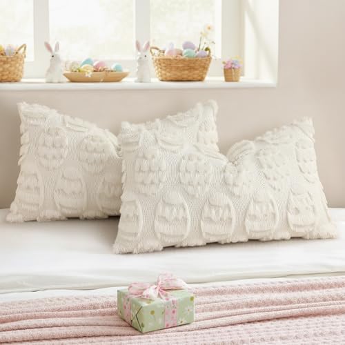 Cream White Faux Fur Egg Throw Pillow Covers 12x20 Set of 2 (20" x 12" (Pack of 2) / Eggs Cream White)