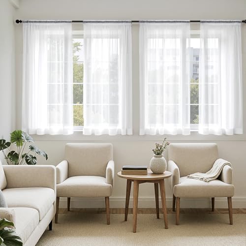 White Short Sheer Curtains 54 Inches Long 4 Panels 42 x 54 Inches (42"W x 54"L (Pack of 4) / White)