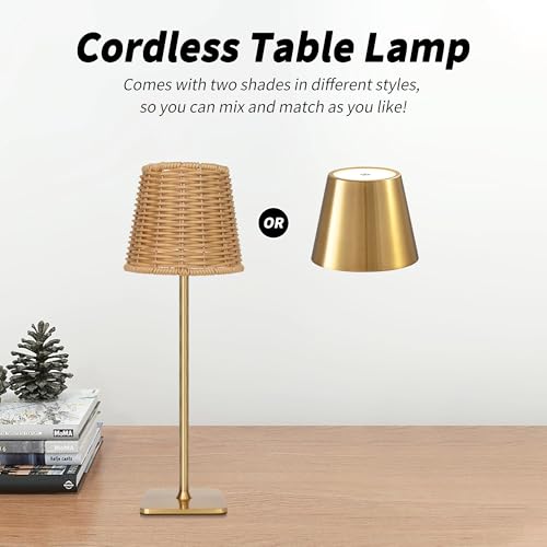 Outdoor Waterproof Cordless Set of 2 Rechargeable Portable Top Touch Battery Operated Powered LED Table Lamp Desk Lamp Lights for Restaurant Kitchen Patio Dinner Dining ((2 Pack)Gold+Wicker Lampshade)