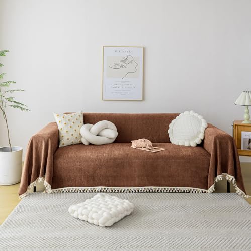 Boho Style Sofa Cover with Tassels (91" x 134" / Tassel Ball: Chocolate)