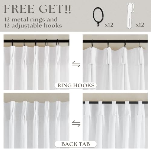 60 Inch Width Curtains 92 Inch White Linen Curtains Pinch Pleated (Snow White / 60"W x 92"L (Pack of 1))