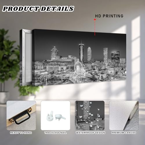 Large Black and White Wall Art Atlanta Skyline Canvas Prints Atlanta City Night View Pictures Modern Panoramic Cityscape Painting Posters Ferris Wheel Canvas Artwork for Home Decorations 30x60" (60"L x 30"W / Atlanta)