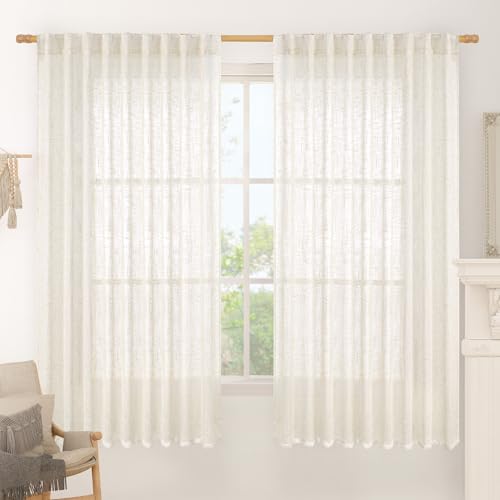 Light Filtering Linen Curtains 63 inches Long for Bedroom 2 Panels (Cream / 70"W x 63"L (Pack of 2))