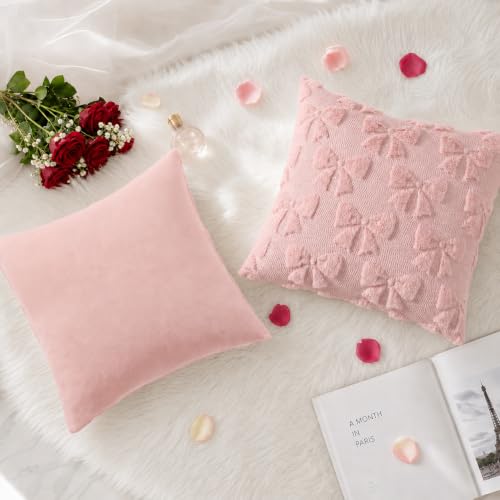 Pink Bow Cute Girl Faux Fur Throw Pillow Covers 16x16 Set of 2 (Pink Bow / 16" x 16" (Pack of 2))