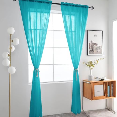 Sheer Voile Window Treatment Rod Pocket Curtain Panels for Kitchen Bedroom Living Room Drapes Sunlight Filtering Privacy Semi Home Decor Assorted (Peacock Blue / 52"W x 54"L (Pack of 2))