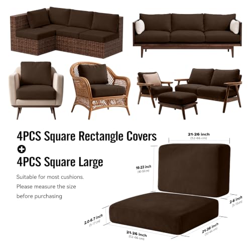 8Pcs Outdoor Cushion Covers (Dark-coffee / Square-large + Rectangle)