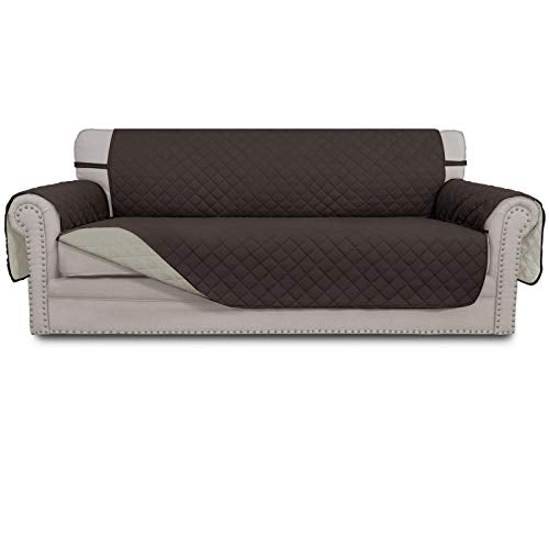 4 Seater Sofa Slipcover Reversible Sofa Cover Water Resistant Couch Cover with Foam Sticks Elastic Straps Furniture Protector for Pets Children Dog Cat (Chocolate/Beige / XX-Large Sofa)