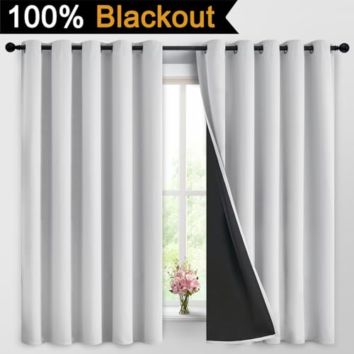 Greyish White 100% Blackout Curtains 63 Inches Long (62"W x 63"L (Pack of 2) / Greyish White)
