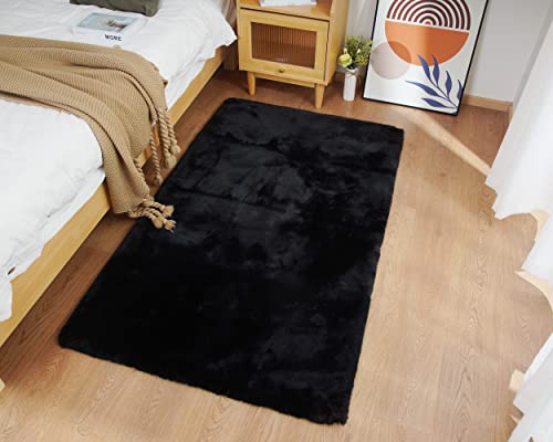 Ultra Soft Faux Rabbit Fur Rug (Black / 2' x 5'11" (Rectangular))