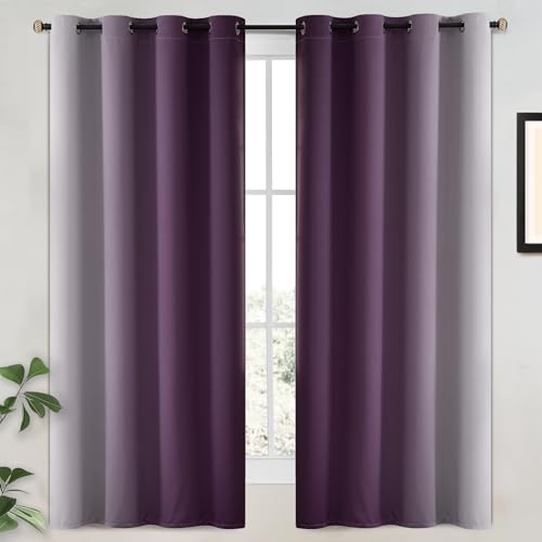 100% Blackout Curtains Ombre Purple Curtains for Bedroom 63 Inch (52"W x 63"L (Pack of 2) / Purple 2 Layers)