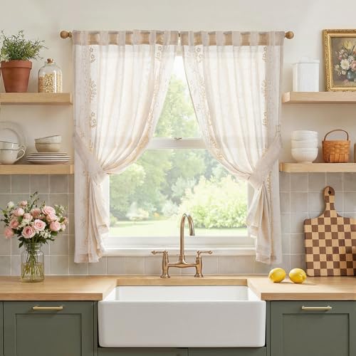 Ivory Floral Linen Kitchen Tier Curtains 50x45 Inch 2 Panels (A| Ivory / 50"W x 45"L (Pack of 2))