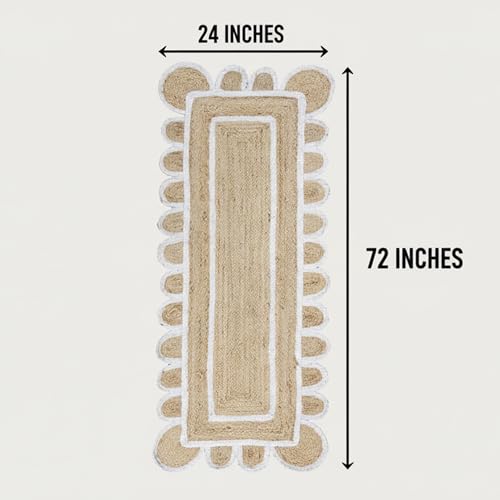 Scalloped Natural Jute Area Rug Handwoven Boho Farmhouse Rug for Living Room (White / 2'6" x 8' (Runner))