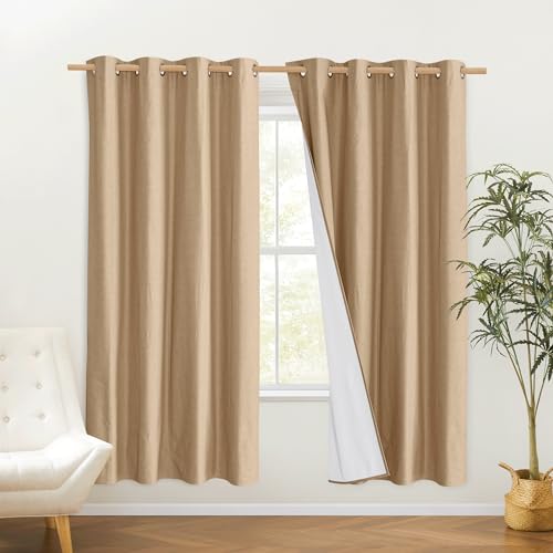 100% Absolutely Blackout Linen Curtains with Thermal Insulated White Liner (52"W x 72"L (Pack of 2) / Camel)