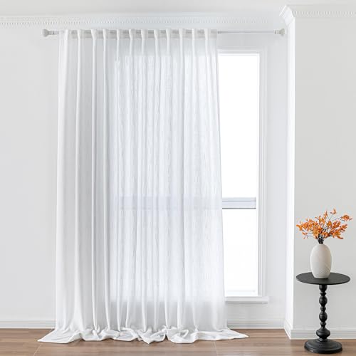 Floor to Ceiling Curtains 108 Inches White Sheer Window Drapes 1 Panel for Sliding Glass Door Back Tab Draperies Linen Look Boho Fabric (100"W x 108"L (Pack of 1) / White)
