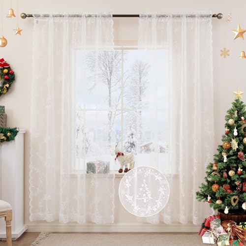 Christmas Lace Curtains 72 Inch Length for Living Room White (Christmas/White / 54"W x 72"L (Pack of 2))