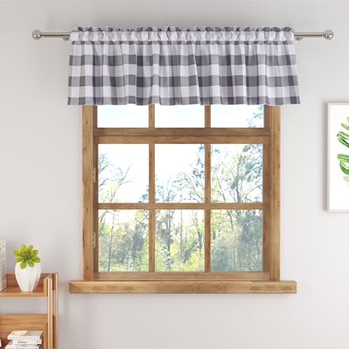 Buffalo Check Plaid Valances Gingham 1 Pack Tiers Rod Pocket Grey and White Farmhouse Short Curtains For Windows Treatment Decor Small Curtains Over Sink For Kitchen (54"W x 10"L (Pack of 1) / Grey and White)