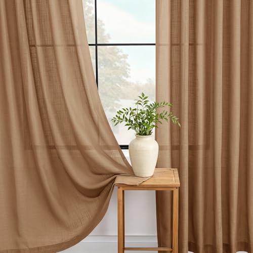Brown Curtains for Living Room Back Tab Modern Farmhouse Semi Sheer Curtains 102 inches Long 2 Panels Set Muted Neutral Window Curtain for Dining Room Bedroom 52x102 (Brown / 52"W x 102"L (Pack of 2))