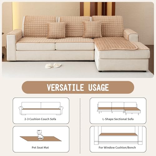 Velvet Sectional Couch Covers for Dogs (Khaki / 1PC/27.6"x94"/3-4 Seat & Long "L" Part)