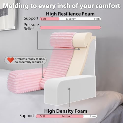 22" XL Back Pillow for Bed Sitting Up with Armrests & Big Pockets (Pink / XL(5'3"-5'11"))