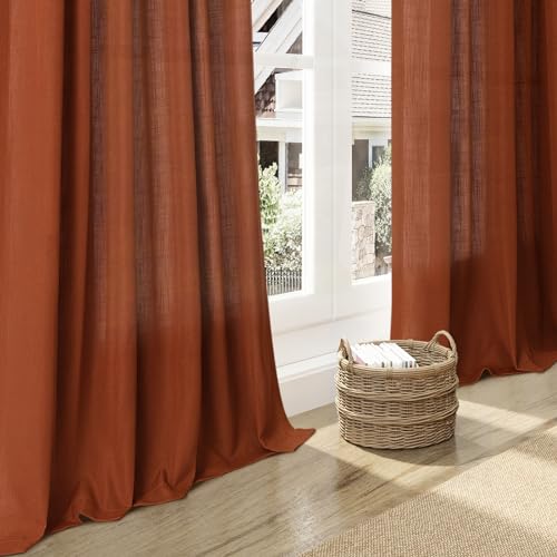 Terracotta Linen Curtains 63 Inches Length 2 Panels for Living Room Back Tab Pocket Light Filtering Semi Sheer Drapes Cotton Linen Textured Brick Burnt Orange Window Curtain 52X63 Inch (52"W x 63"L (Pack of 2) / Terracotta)