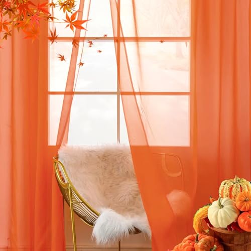 Solid Sheer Rod Pocket Curtain Voile Draperies 2 Panels White Beige Black Grey Coffee 52 Inch Width 90 Inch Long 1 Pair for Kitchen Bedroom Children Living Room Yard (Burnt Orange / 52"W x 90"L (Pack of 2))