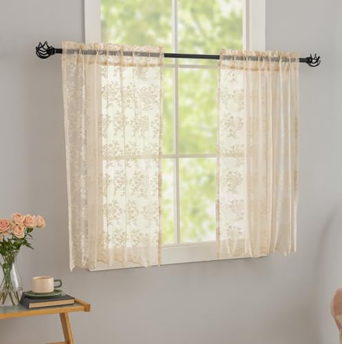 Vintage Lace Curtains 24 inch Length 2 Panles Short Sheer Cafe Curtains for Windows (Beige / 26"W x 24"L (Pack of 2))