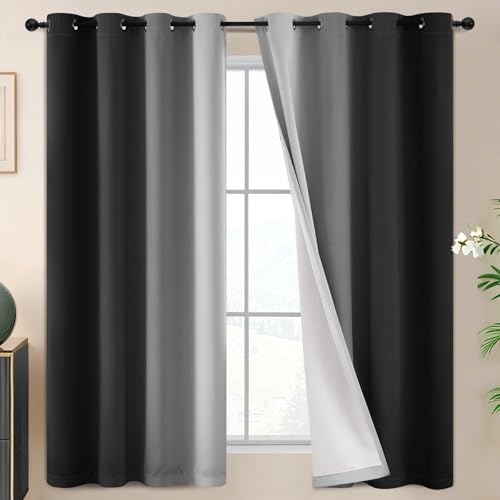 Ombre Black 100% Blackout Bedroom Curtains with White Liner 63L (52"W x 63"L (Pack of 2) / Black With White Back)